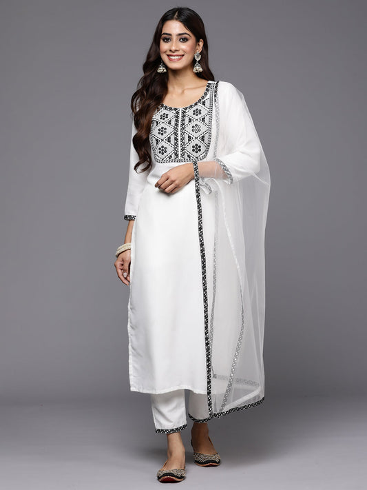 Women White Embroidered Straight Kurta Trousers With Dupatta Set