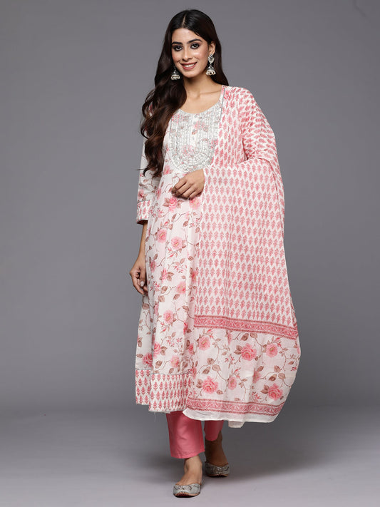 Women Off White Embroidered A-Line Kurta Trousers With Dupatta Set