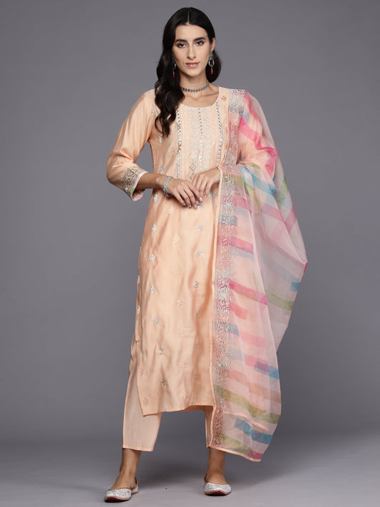 Women Peach Embroidered Straight Kurta Trousers With Dupatta Set