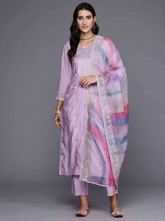 Women Lavender Embroidered Straight Kurta Trousers With Dupatta Set