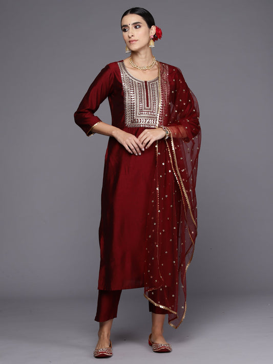 Women Maroon Embroidered Straight Kurta Trousers With Dupatta Set