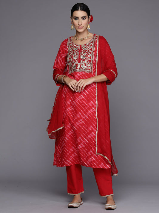 Women Red Embroidered Straight Kurta Palazzos With Dupatta Set