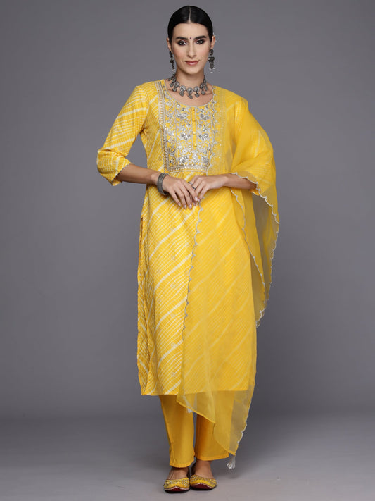 Women Yellow Embroidered Straight Kurta Trousers With Dupatta Set