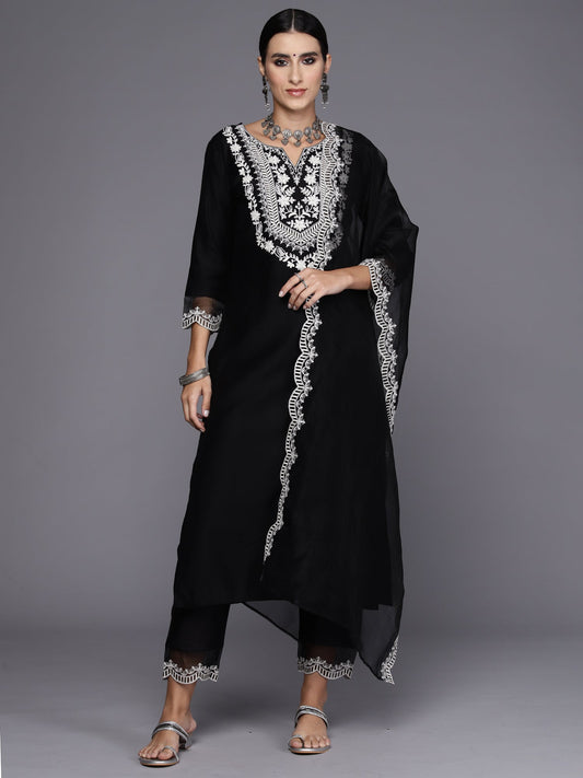 Women Black Embroidered Straight Kurta Trousers With Dupatta Set