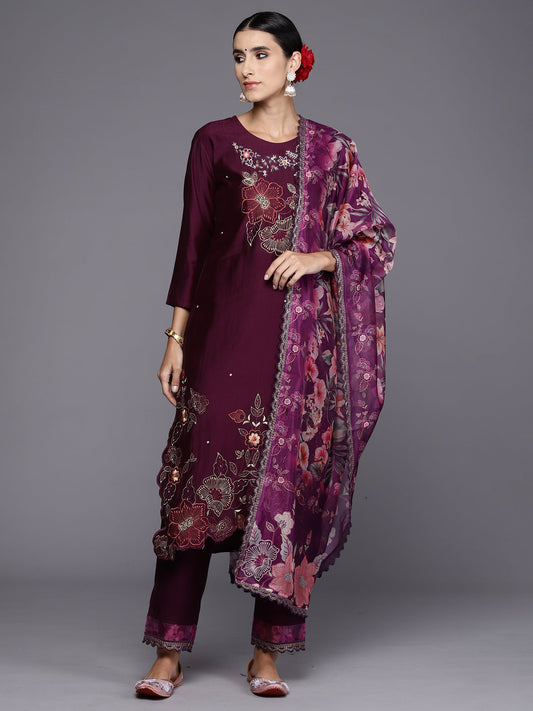 Women Wine Embroidered Straight Kurta Trousers With Dupatta Set