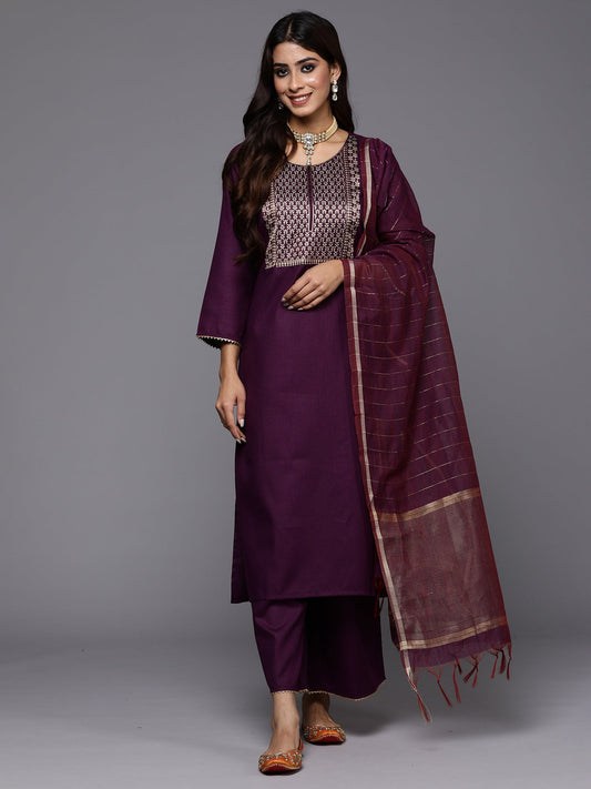 Women Purple Yoke Design Straight Kurta Palazzos With Dupatta Set