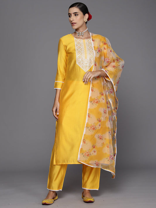 Women Yellow Embroidered Straight Kurta Trousers With Dupatta Set