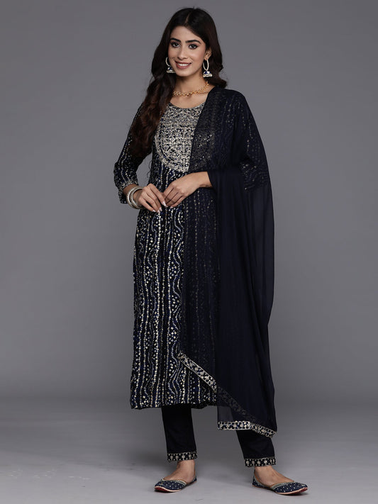 Women Blue Embroidered A-Line Kurta Trousers With Dupatta Set