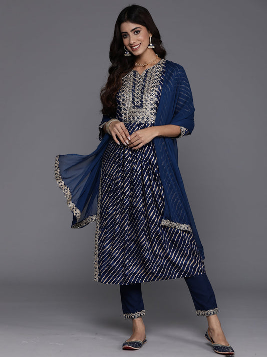 Women Blue Embroidered A-Line Kurta Trousers With Dupatta Set