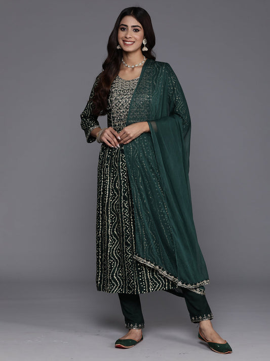 Women Green Embroidered A-Line Kurta Trousers With Dupatta Set