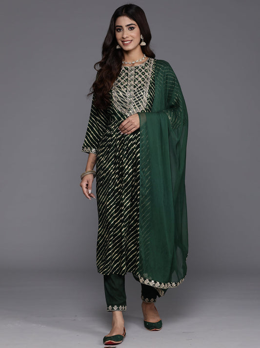 Women Green Embroidered A-Line Kurta Trousers With Dupatta Set