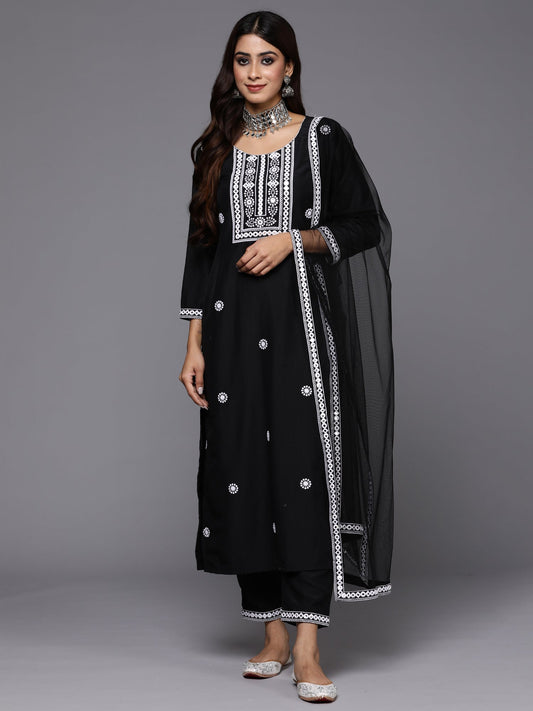 Women Black Embroidered Straight Kurta Trousers With Dupatta Set