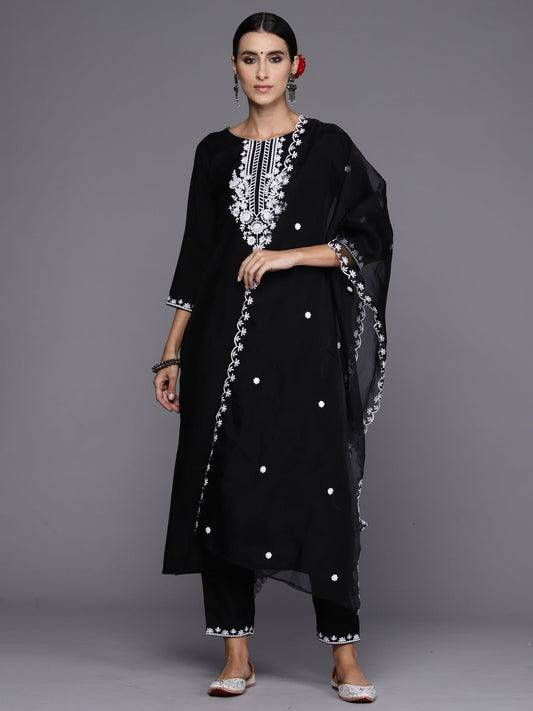 Women Black Embroidered Straight Kurta Trousers With Dupatta Set