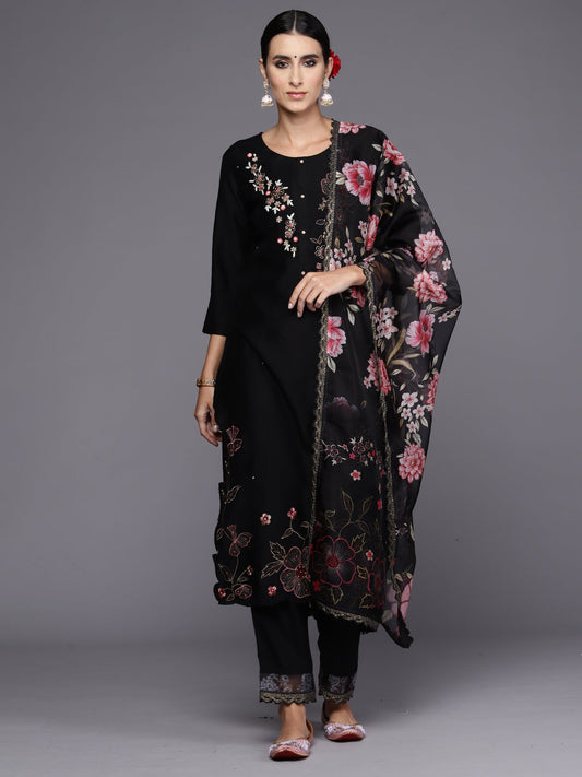 Women Black Embroidered Straight Kurta Trousers With Dupatta Set