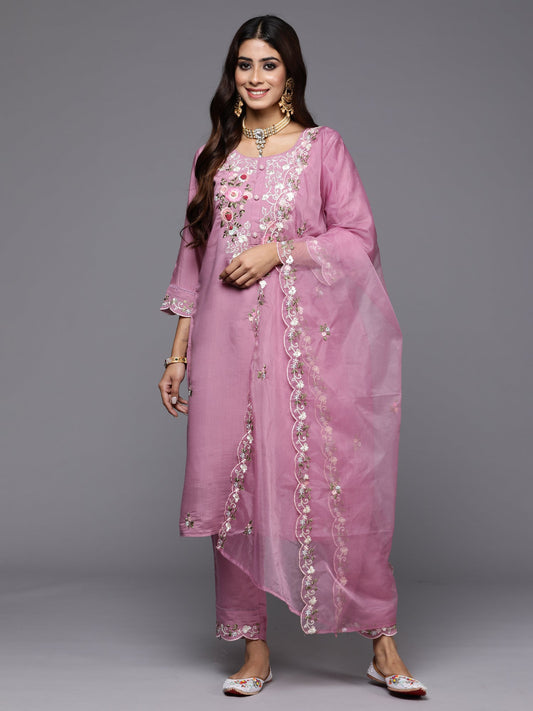 Women Lavender Embroidered Straight Kurta Trousers With Dupatta Set