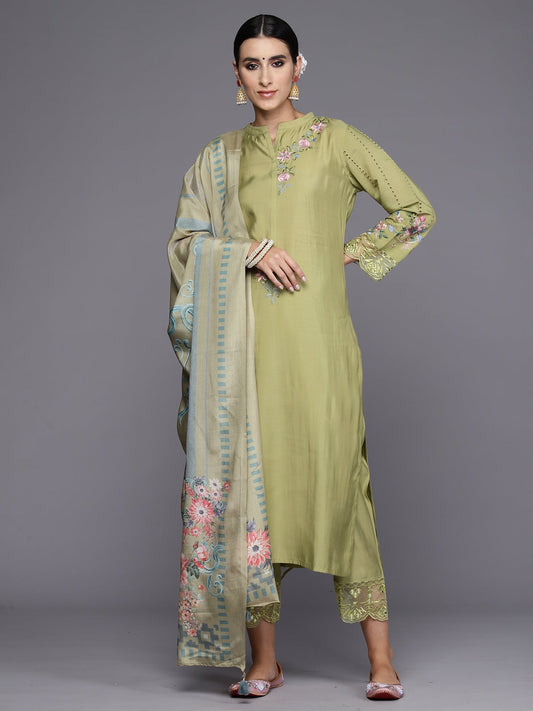 Women Green Embroidered Straight Kurta Trousers With Dupatta Set