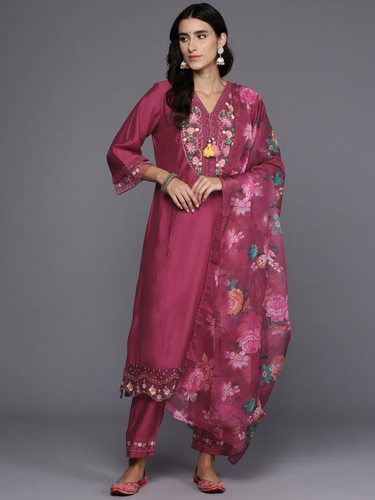 Women Pink Embroidered A-Line Kurta Trousers With Dupatta Set