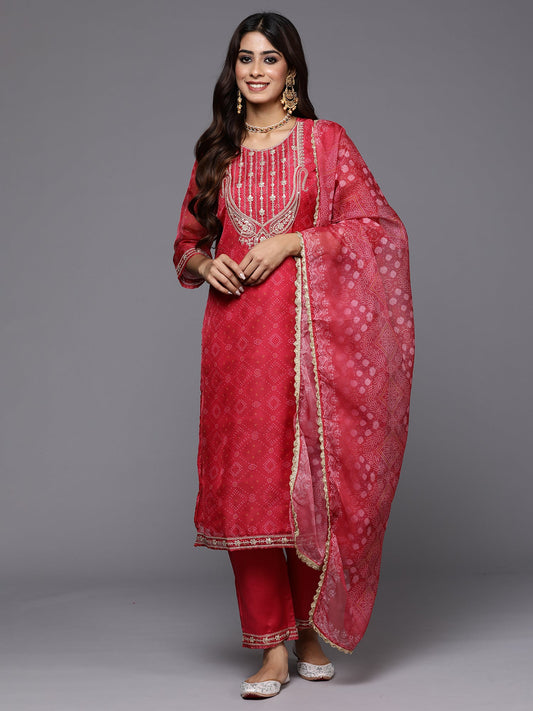 Women Pink Embroidered Straight Kurta Trousers With Dupatta Set