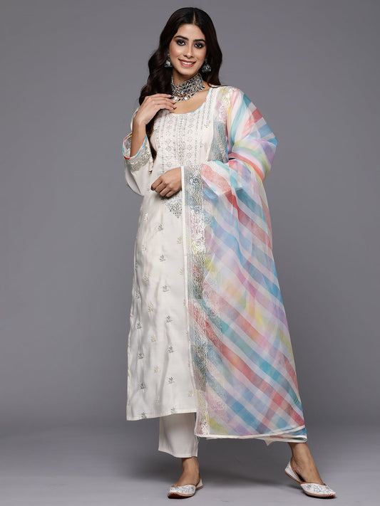 Women Cream Embroidered Straight Kurta Trousers With Dupatta Set