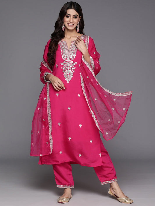 Women Pink Embroidered Straight Kurta Trousers With Dupatta Set