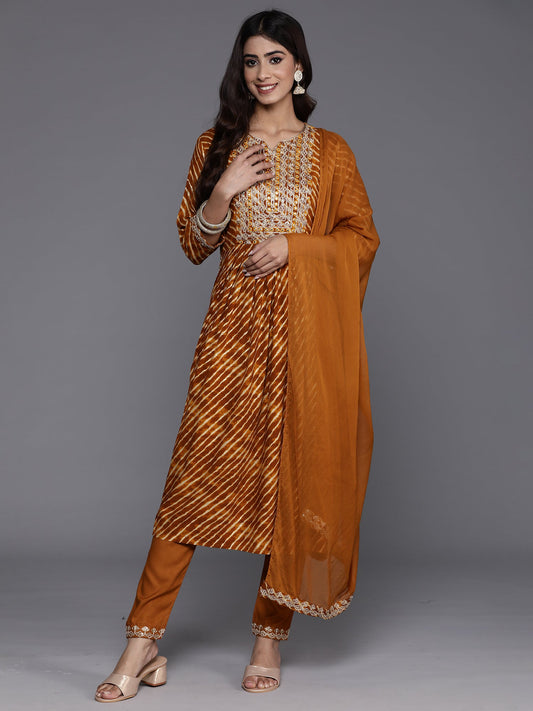 Women Mustard Embroidered A-Line Kurta Trousers With Dupatta Set