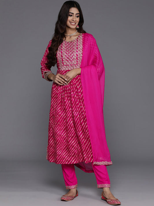 Women Pink Embroidered A-Line Kurta Trousers With Dupatta Set