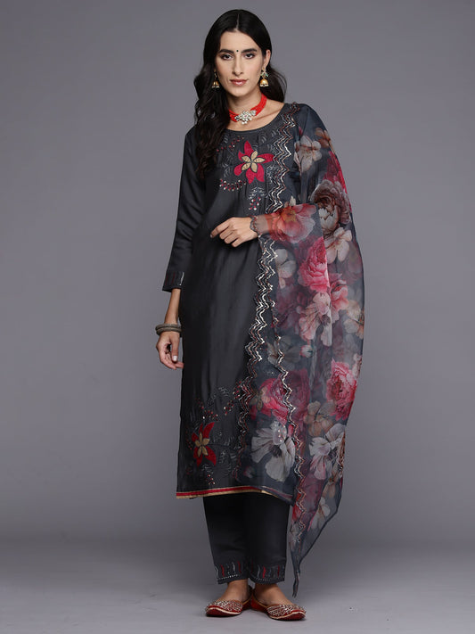 Women Grey Embroidered Straight Kurta Trousers With Dupatta Set