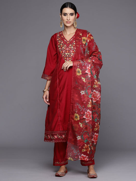 Women Red Embroidered A-Line Kurta Trousers With Dupatta Set