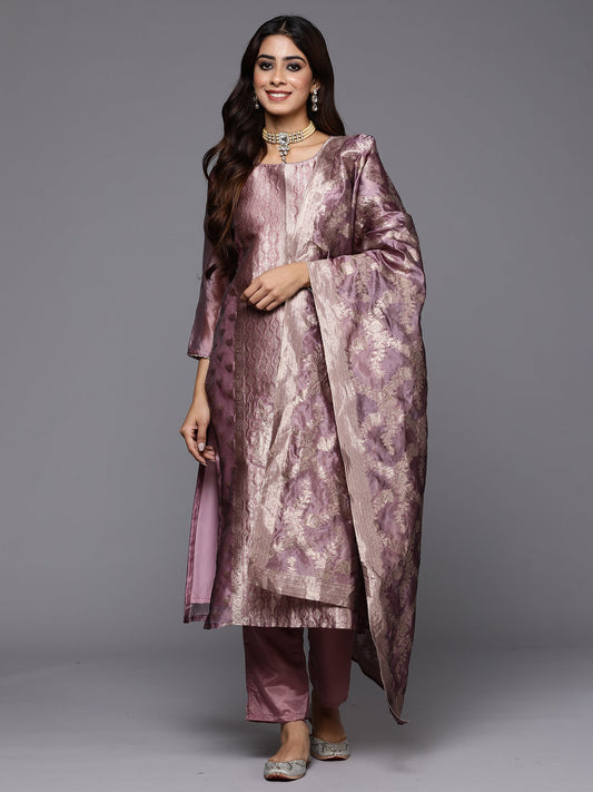 Women Mauve Woven Design Straight Kurta Trousers With Dupatta Set