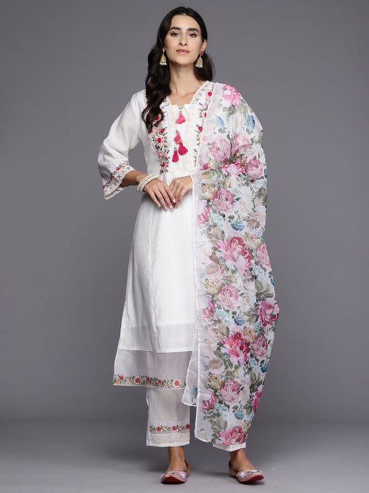 Women White Embroidered A-Line Kurta Trousers With Dupatta Set