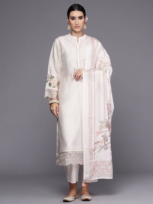 Women White Embroidered Straight Kurta Trousers With Dupatta Set