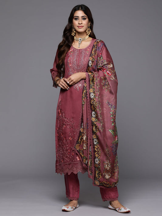 Women Mauve Embroidered Straight Kurta Trousers With Dupatta Set