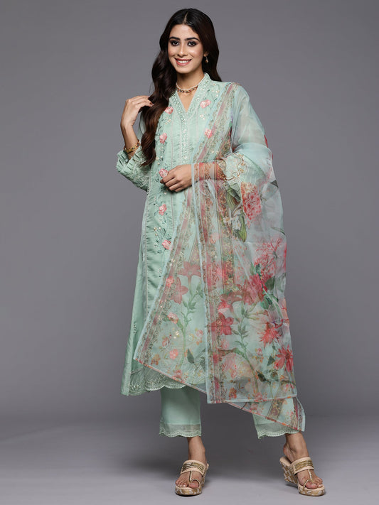 Women Sea Green Embroidered Straight Kurta Trousers With Dupatta Set