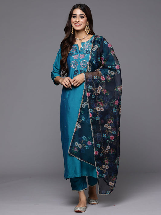 Women Teal Embroidered Straight Kurta Trousers With Dupatta Set