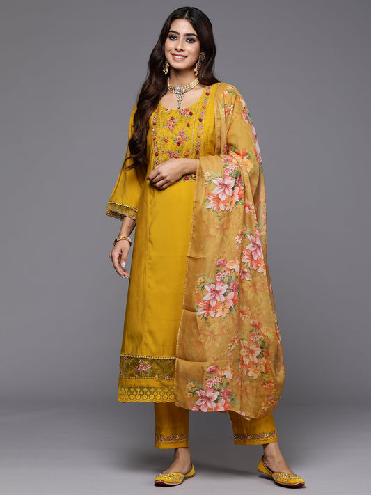 Women Yellow Embroidered A-Line Kurta Trousers With Dupatta Set