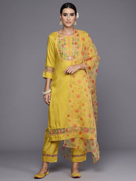 Women Yellow Embroidered Straight Kurta Trousers With Dupatta Set