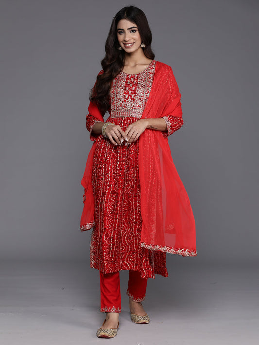 Women Red Embroidered A-Line Kurta Trousers With Dupatta Set