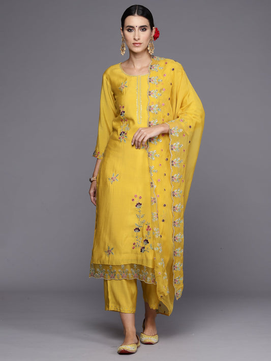 Women Yellow Embroidered Straight Kurta Trousers With Dupatta Set