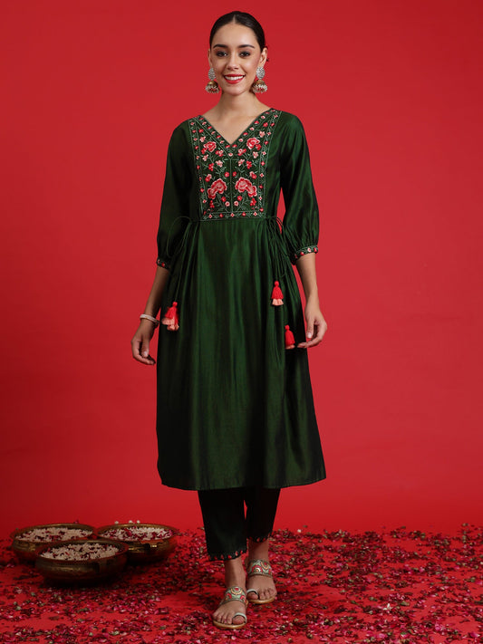 Women Green Embroidered A-Line Kurta Trousers Set