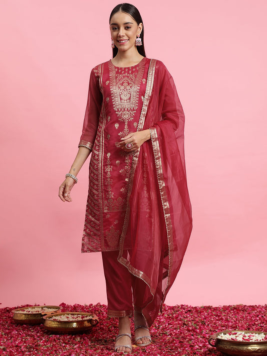 Women Pink Woven Design Straight Kurta Trousers With Dupatta Set