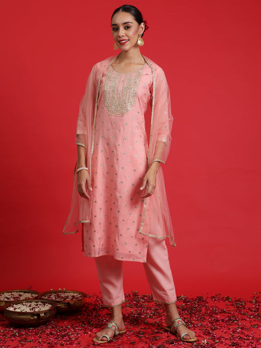 Women Pink Embroidered Straight Kurta Trousers With Dupatta Set