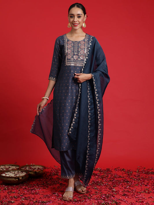 Women Blue Embroidered Straight Kurta Trousers With Dupatta Set