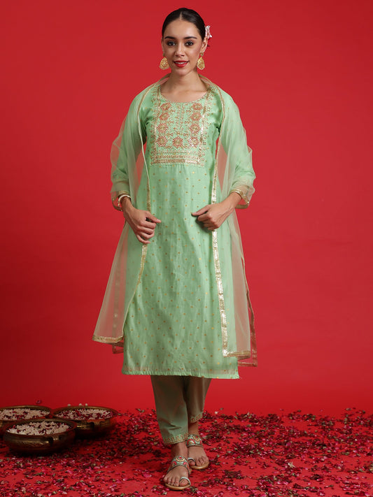 Women Green Embroidered Straight Kurta Trousers With Dupatta Set