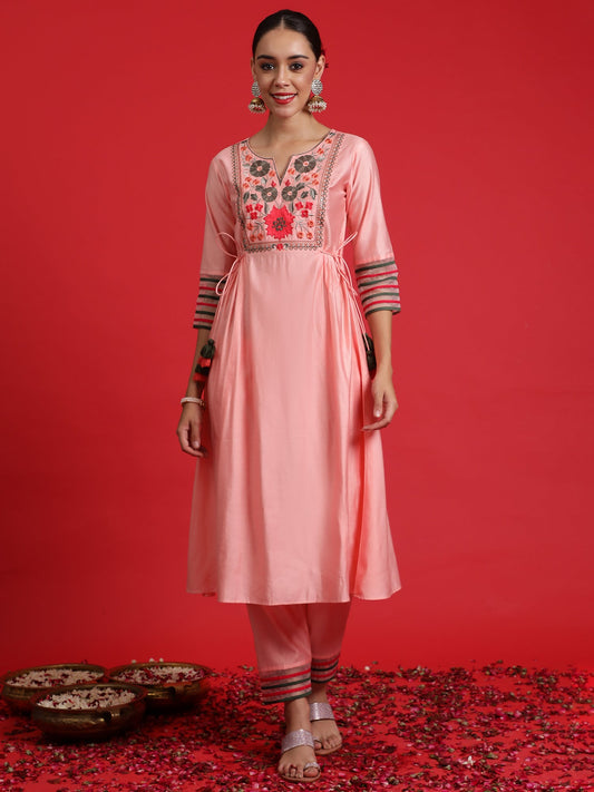 Women Pink Embroidered A-Line Kurta Trousers Set