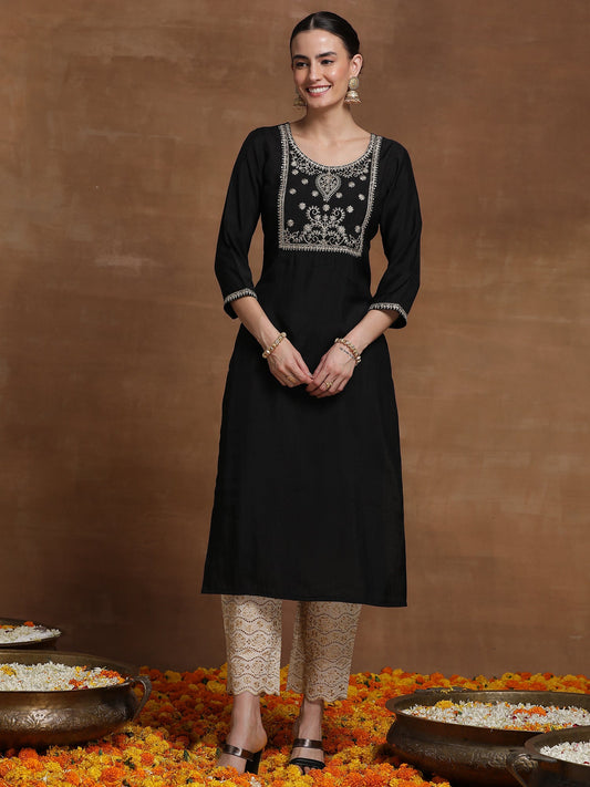 Women Black Embroidered Straight Kurtas