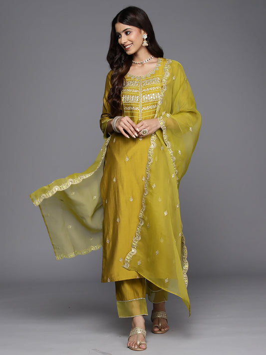 Women Olive Embroidered Straight Kurta Trousers With Dupatta Set