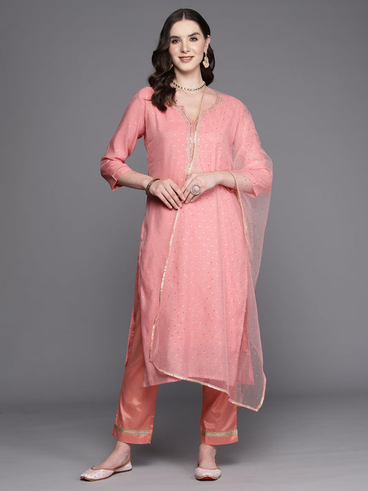 Women Pink Embroidered Straight Kurta Trousers With Dupatta Set