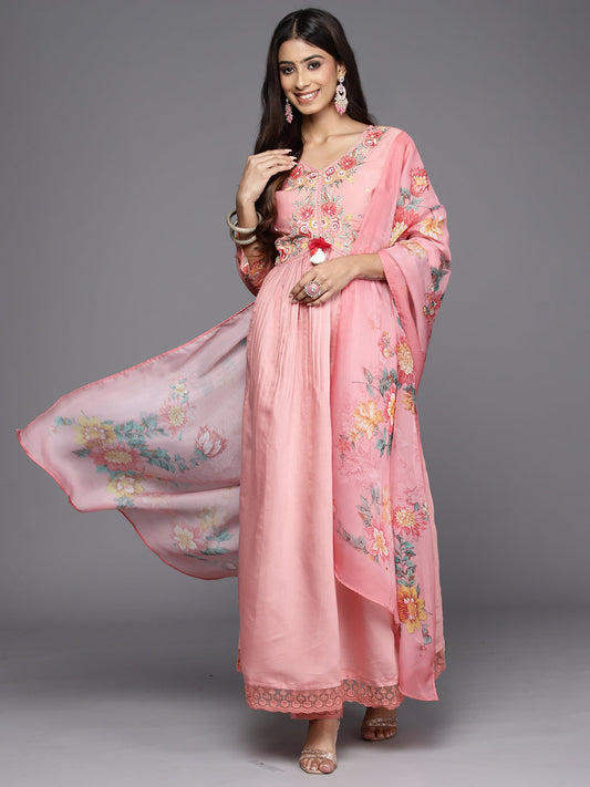 Women Pink Embroidered A-Line Kurta Trousers With Dupatta Set