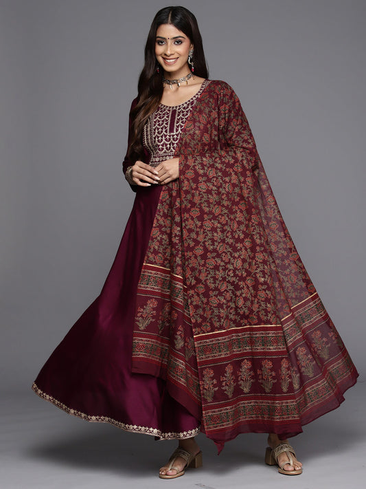 Women Wine Embroidered A-Line Kurta Trousers With Dupatta Set