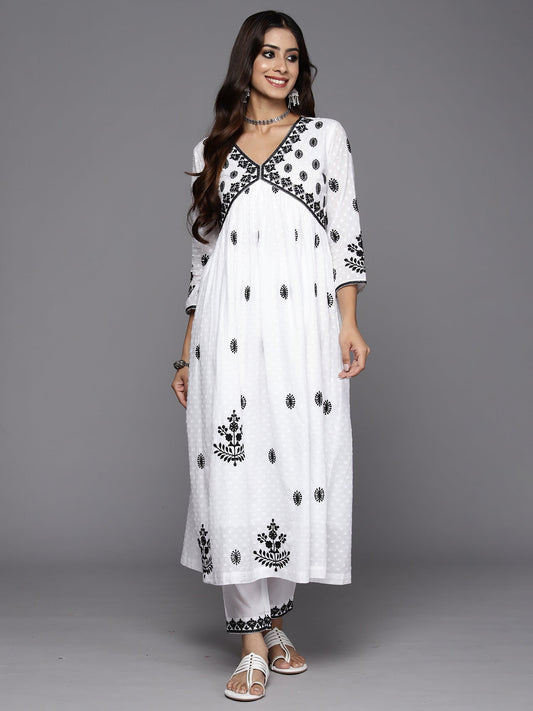 Women White Embroidered Straight Kurta Trousers  Set